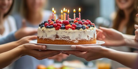 Aufkleber - A group of coworkers celebrating a birthday, close-up of hands presenting a cake, focus on the friendly office atmosphere