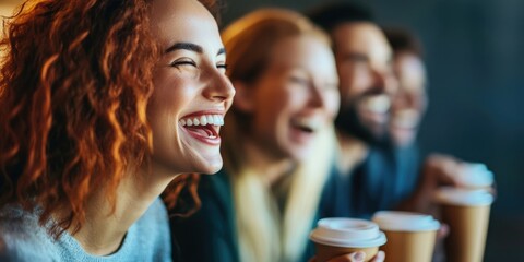 Aufkleber - coworkers laughing during a coffee break, focus on the shared camaraderie and positive workplace relationships