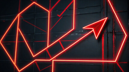 Poster - A vibrant red neon arrow boldly ascends against a dark, structured backdrop adorned with geometric shapes, radiating a futuristic and dynamic ambiance.