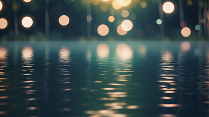 Poster - Soft, blurred lights create bokeh over dark, reflective water. A calm, peaceful scene with a dreamy, magical atmosphere.