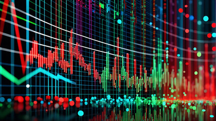 Aufkleber - Abstract digital representation of fluctuating data is displayed with vibrant colorful lines and dots on a dark grid backdrop.