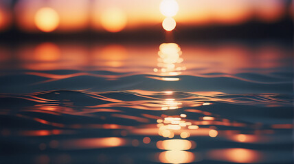 Leinwandbilder - Water surface ripples gently, reflecting warm bokeh lights. Soft focus creates a dreamy, serene mood under a golden hour glow.