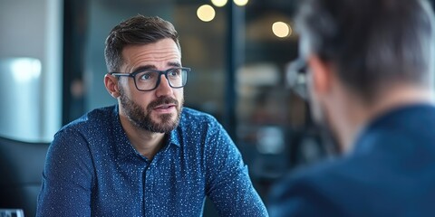 Aufkleber - a performance review in progress, focus on the employee?s thoughtful expression and the manager?s supportive feedback