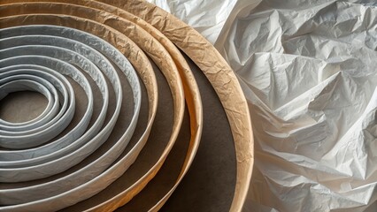 Fototapete - Environmental awareness day concept. Textured paper rolls and crumpled foil create an abstract, artistic composition.