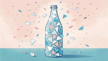 Fototapete - Environmental awareness day concept. A stylized illustration of a bottle surrounded by geometric shapes and colors.