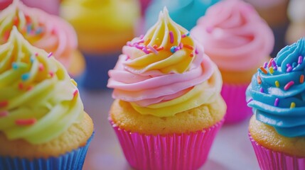 Aufkleber - Colorful cupcakes with neon icing and rainbow sprinkles in vibrant bakery setting close up