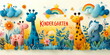© nattapat - Abstract background. A delightful kindergarten-themed wallpaper featuring playful giraffes, elephants, clouds, rainbows, and flowers in soft pastel tones. Perfect for early childhood education