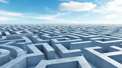 Vast, complex stone maze stretching to a bright blue sky with fluffy white clouds. Perspective emphasizes the intricate pathways and scale of the labyrinth.