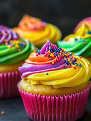 Aufkleber - Delicious colorful cupcakes with neon icing and rainbow sprinkles for vibrant bakery theme close-up