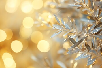 Close up of olive tree branches with silver leaves against a bokeh background in winter hues