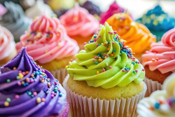 Aufkleber - Colorful cupcakes with neon icing and rainbow sprinkles create a vibrant bakery display in a close-up shot full of sweet delights