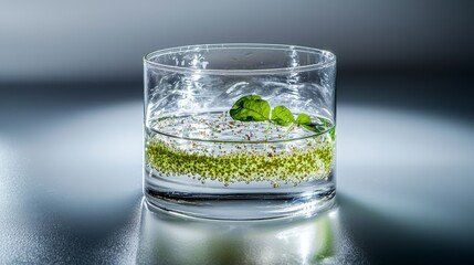 Poster - Refreshing glass of water with floating plants indoor setting still life photography minimalist style