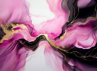 Poster - Abstract painting featuring flowing shades of pink and black, accented with shimmering gold lines.  The artwork evokes a sense of movement and depth with its fluid design.