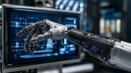 Poster - Robotic hand interaction with technology screen futuristic lab digital display close-up innovation