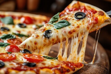 Aufkleber - Melted cheese stretches from a delicious pizza slice with vibrant toppings against a dynamic background in high-speed photography