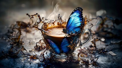 Poster - Butterfly splashing in coffee cup nature scene artistic photography dreamy environment close-up view surreal concept