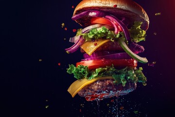 Poster - Dynamic pop-art burger floating in mid-air with colorful ingredients captured in bold neon colors and high-speed food photography effects
