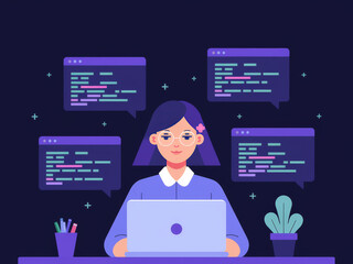 Woman coding at night with laptop and multiple screens in minimalist workspace