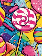 Poster - Dynamic pop-art background featuring oversized colorful lollipops and chewy candy shapes with bold outlines and neon shading