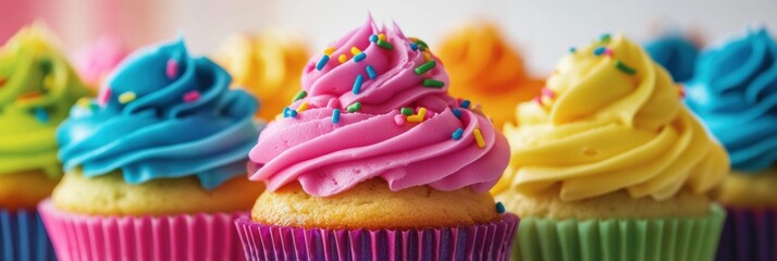 Aufkleber - Colorful cupcakes topped with neon icing and rainbow sprinkles create a vibrant bakery theme in close-up view