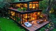 © CERBON_COLLECTION - Luxurious modern home enveloped by nature, with warm light glowing through the glass walls