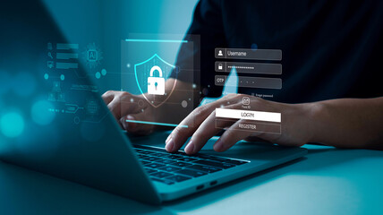 Businessman using laptop login username and password, Cyber security protect business transaction from online digital cyber attack, privacy smart security software protection digital financial Data.