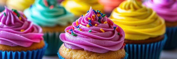 Poster - Delicious cupcakes with neon icing and rainbow sprinkles in a vibrant bakery setting close-up