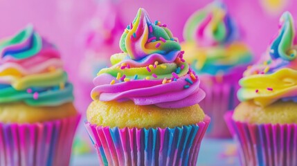 Aufkleber - Delicious collection of colorful cupcakes with neon icing and rainbow sprinkles in a vibrant bakery setting