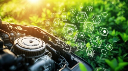 Poster - Creative blend of powerful engine and renewable energy icons in vibrant colors showcasing the future of energy and technology