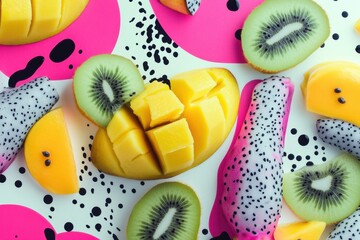 Aufkleber - Bright tropical fruits arranged artistically with vibrant colors and modern patterns create a lively and fresh atmosphere