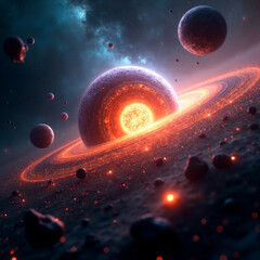 Wall Mural - planets orbit a massive ring of light and energy in deep space.