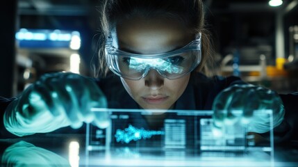Aufkleber - Female scientist analyzes virus sample under LED lighting in modern laboratory