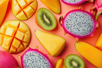 Aufkleber - Vibrant tropical fruits including mango, dragon fruit, and kiwi create a modern and dynamic food-inspired background design
