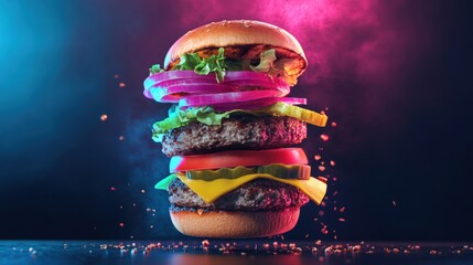 Poster - Floating burger showcases vibrant ingredients in a dynamic pop-art style captured with high-speed food photography in bold neon colors