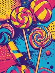 Poster - Dynamic pop-art background with oversized colorful lollipops and candy shapes showcasing vibrant comic-style outlines and neon shading