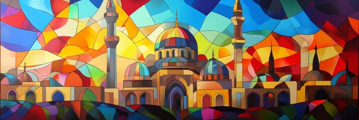  Colorful abstract painting of a building with domes and minarets.