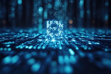 Fototapete - Digital QR code in a futuristic blue-lit environment illustrating financial security and technology advancements