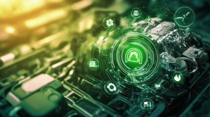Poster - Creative background showcasing a powerful engine with vibrant green renewable energy icons and contrasting bold colors symbolizing energy transformation