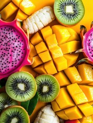 Aufkleber - Bright tropical fruit display with mango, dragon fruit, and kiwi in high contrast modern style