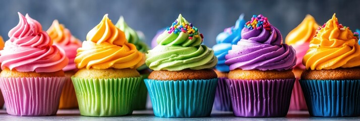 Aufkleber - Colorful collection of delightful cupcakes with neon icing and rainbow sprinkles in a vibrant bakery setting