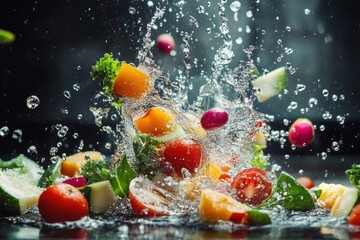 Aufkleber - Fresh vegetables and fruits create a vibrant splash with water droplets in an energetic culinary display indoors