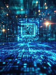 Fototapete - Futuristic QR code representing abstract financial security with blue lights and glowing elements in a digital environment