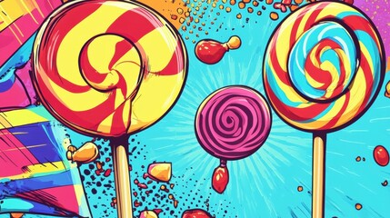 Aufkleber - Dynamic pop-art celebration featuring colorful lollipops and chewy candy shapes in bold comic design with neon accents