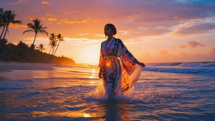 Wall Mural - a woman walking into the ocean holding a surfboard, perfect for adventure or travel scenes