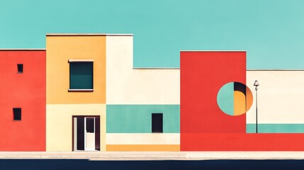 Sticker - Colorful geometric building facade under a clear turquoise sky
