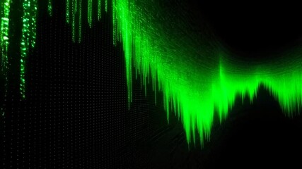 A dynamic and futuristic green light pattern against a dark backdrop, simulating data flow or energy