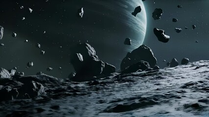 Wall Mural - Journey through a captivating asteroid belt swirling around a massive planet. Witness the intricate details of space as rocks drift in zero gravity, providing a mesmerizing cosmic experience