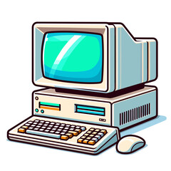 Vector illustration of retro computer with monitor, keyboard and mouse. Perfect for technology history websites, vintage design blogs, and computing education materials.