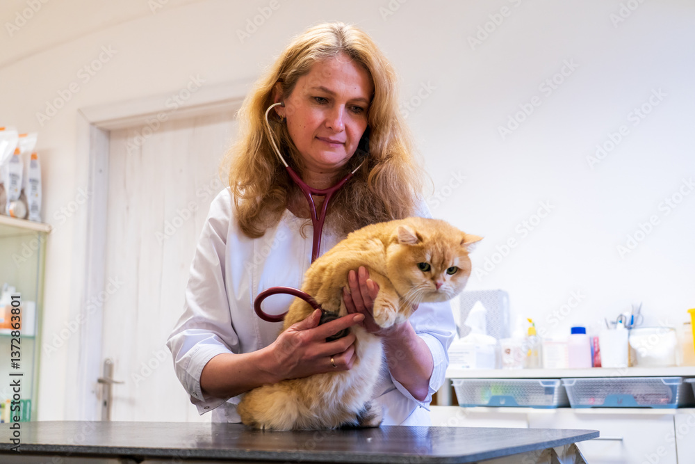Brno, Czech Republic - March 28, 2025: A veterinarian examines a cat ...