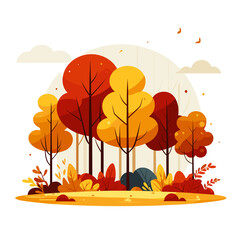 Wall Mural - Vector illustration of autumn forest landscape with colorful trees in orange and red tones. Ideal for seasonal blogs and nature illustration websites.